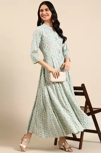 women's ankle length mandarin collar off white floral anarkali kurta