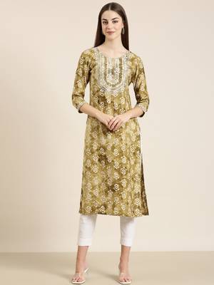 women's calf length round neck olive floral straight kurta 1