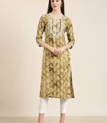 women's calf length round neck olive floral straight kurta