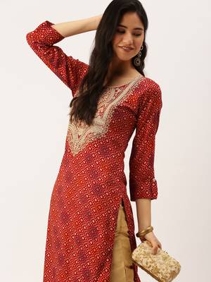 women's calf length round neck red bandhani straight kurta 2