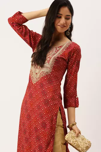 women's calf length round neck red bandhani straight kurta