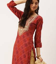 women's calf length round neck red bandhani straight kurta