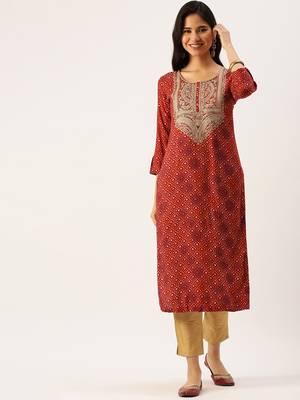 women's calf length round neck red bandhani straight kurta 3