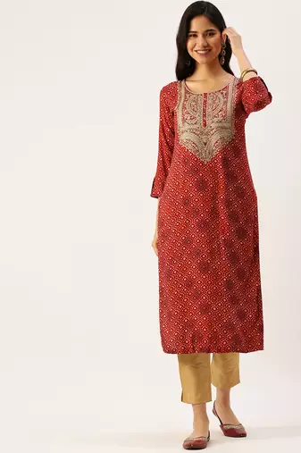 women's calf length round neck red bandhani straight kurta