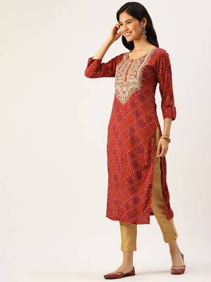 women's calf length round neck red bandhani straight kurta 4