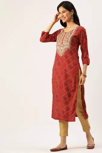 women's calf length round neck red bandhani straight kurta