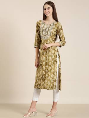 women's calf length round neck olive floral straight kurta 4