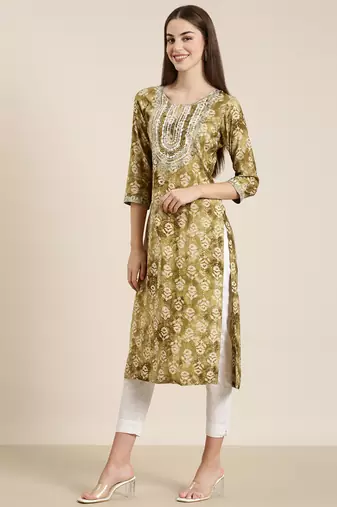 women's calf length round neck olive floral straight kurta