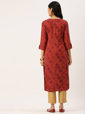 women's calf length round neck red bandhani straight kurta 5