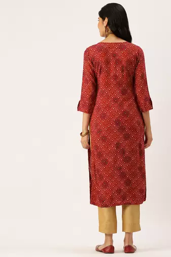 women's calf length round neck red bandhani straight kurta