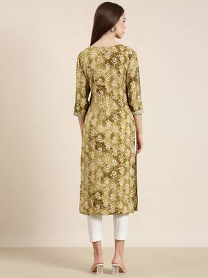 women's calf length round neck olive floral straight kurta 5