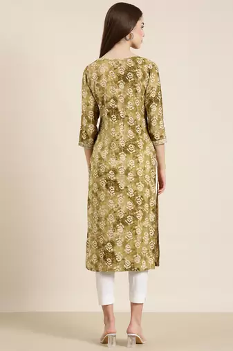 women's calf length round neck olive floral straight kurta