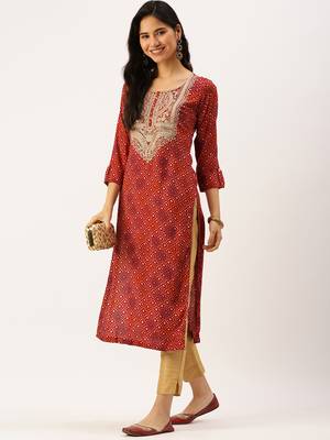 women's calf length round neck red bandhani straight kurta 1