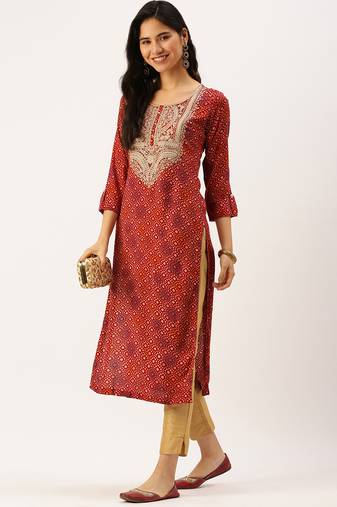 women's calf length round neck red bandhani straight kurta
