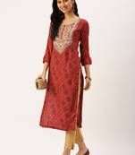 women's calf length round neck red bandhani straight kurta