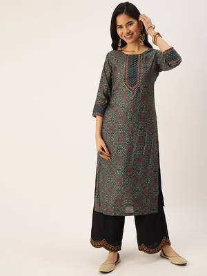 Showoff women's calf length round neck green ethnic motifs straight kurta 3