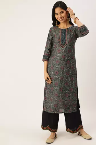 Showoff women's calf length round neck green ethnic motifs straight kurta