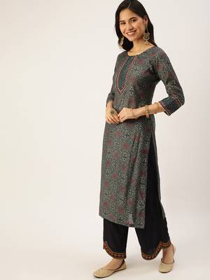 Showoff women's calf length round neck green ethnic motifs straight kurta 4