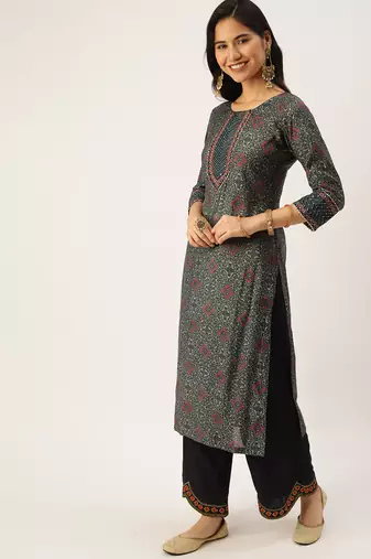 Showoff women's calf length round neck green ethnic motifs straight kurta