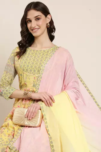 Showoff women's ankle length round neck yellow floral anarkali kurta comes with duppatta