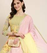 Showoff women's ankle length round neck yellow floral anarkali kurta comes with duppatta