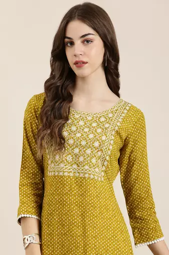 women's calf length round neck mustard geometric straight kurta