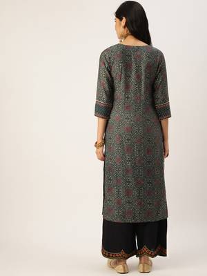 Showoff women's calf length round neck green ethnic motifs straight kurta 5