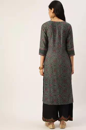 Showoff women's calf length round neck green ethnic motifs straight kurta