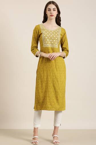 women's calf length round neck mustard geometric straight kurta