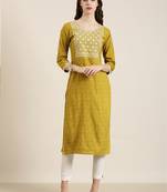 women's calf length round neck mustard geometric straight kurta