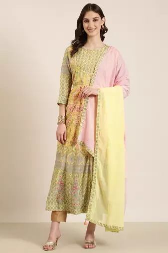 Showoff women's ankle length round neck yellow floral anarkali kurta comes with duppatta