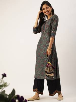 Showoff women's calf length round neck green ethnic motifs straight kurta 1