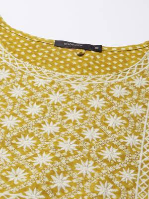 women's calf length round neck mustard geometric straight kurta 3