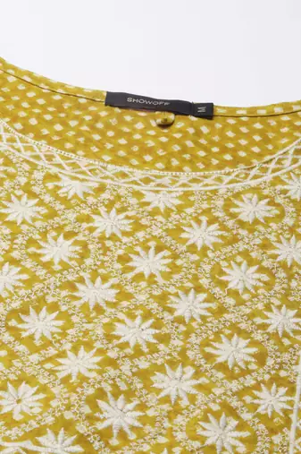 women's calf length round neck mustard geometric straight kurta
