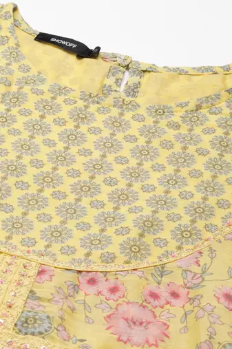Showoff women's ankle length round neck yellow floral anarkali kurta comes with duppatta