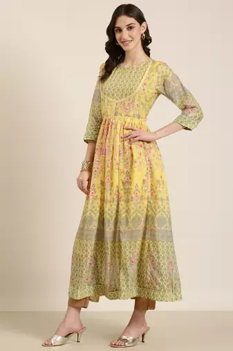 Showoff women's ankle length round neck yellow floral anarkali kurta comes with duppatta