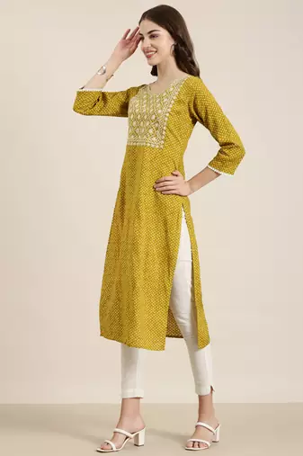 women's calf length round neck mustard geometric straight kurta