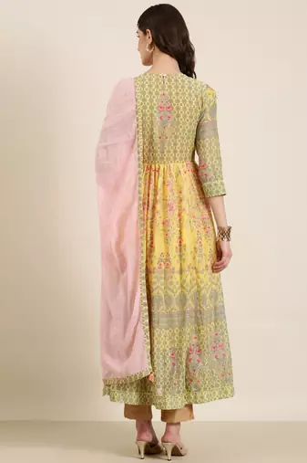 Showoff women's ankle length round neck yellow floral anarkali kurta comes with duppatta