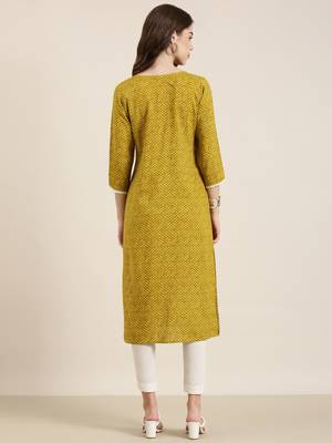 women's calf length round neck mustard geometric straight kurta 5