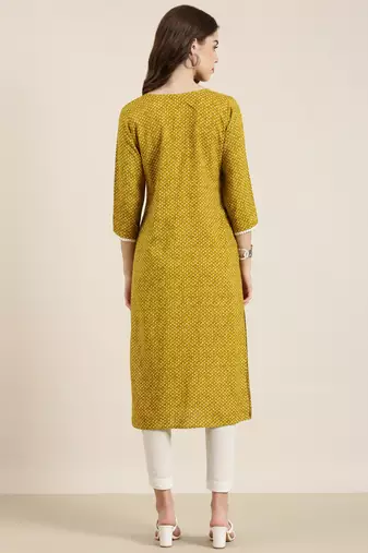 women's calf length round neck mustard geometric straight kurta