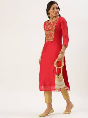 women's calf length round neck red embellished straight kurta 1