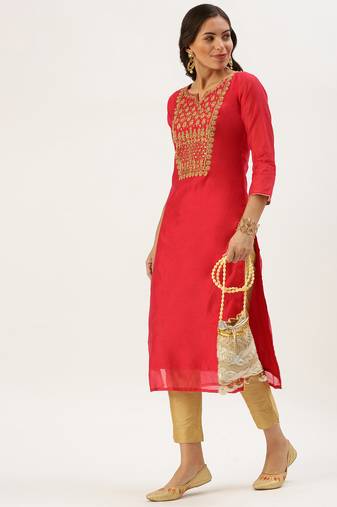 women's calf length round neck red embellished straight kurta