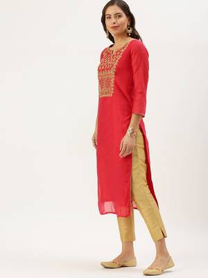 women's calf length round neck red embellished straight kurta 2