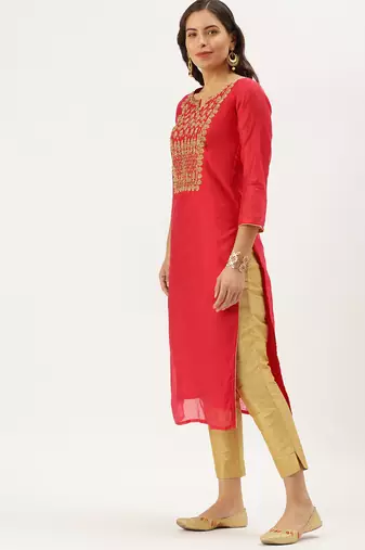 women's calf length round neck red embellished straight kurta