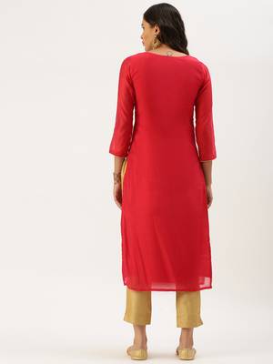 women's calf length round neck red embellished straight kurta 3