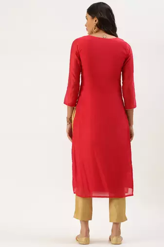 women's calf length round neck red embellished straight kurta