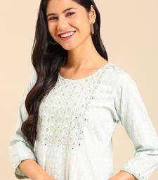 women's calf length round neck sea green geometric straight kurta