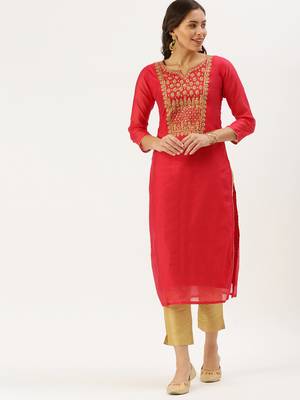 women's calf length round neck red embellished straight kurta 4
