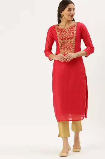 women's calf length round neck red embellished straight kurta