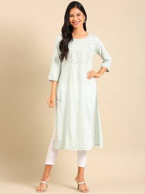 women's calf length round neck sea green geometric straight kurta 3